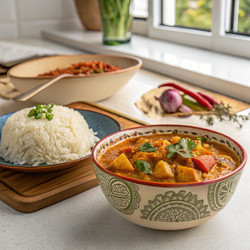 Карри в узорчатой миске на кухонном столе. Генеративный искусственный интеллект - RomanZ