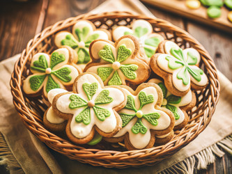 Вкусная праздничная корзина, наполненная печеньем в форме клевера. Генеративный ИИ - RomanZ