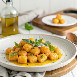 Вкусные веганские ньокки из сладкого картофеля со свежей зеленью. Генеративный ИИ - RomanZ