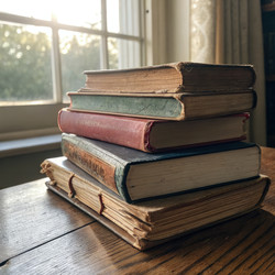 Старые книги, сложенные стопкой на деревянном столе у окна. Генеративный искусственный интеллект - RomanZ