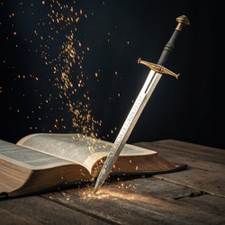 Меч рассекает воздух над древней книгой на столе. Генеративный ИИ - RomanZ