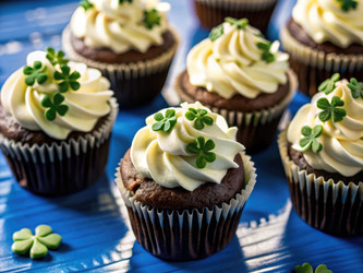Вкусные кексы с кремовой глазурью и украшениями в виде клевера. Генеративный ИИ - RomanZ