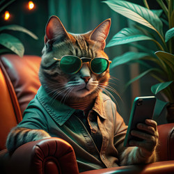 Крутой кот в солнцезащитных очках использует смартфон в современной обстановке. Генеративный ИИ - RomanZ