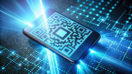 Светящийся QR-код сканируется для проверки соответствия стандарту финтех-платежей. Генеративный ИИ - RomanZ