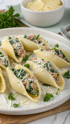 Ракушки, фаршированные тунцом и шпинатом, с украшением из свежей петрушки. Генеративный искусственный интеллект - RomanZ