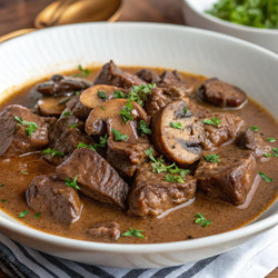 Ароматное тушеное мясо с грибами и зеленью, подается в миске. Генеративный искусственный интеллект - RomanZ