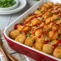 Картофель по-буффало с курицей, подается в красной форме для запекания. Генеративный искусственный интеллект - RomanZ