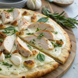 Белая пицца с курицей, жареным чесноком и травами на деревянной доске. Генеративный ИИ - RomanZ