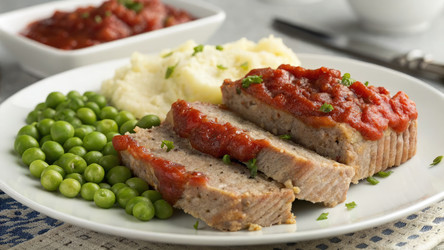 Ломтики мясного рулета подаются с горошком и картофельным пюре. Генеративный искусственный интеллект - RomanZ