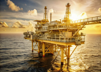 Морская нефтегазовая платформа на рассвете над океаном. Генеративный искусственный интеллект - RomanZ