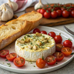 Пикантный чесночный сыр Камамбер с помидорами черри и хлебом. Генеративный искусственный интеллект - RomanZ