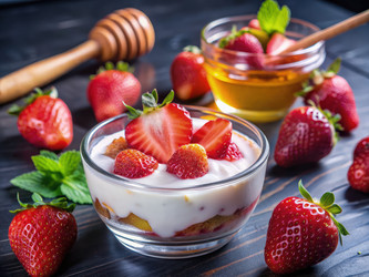 Йогуртовый десерт с медом и свежей клубникой в миске. Генеративный искусственный интеллект - RomanZ