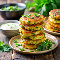 Вкусные оладьи из цукини, подаваемые со сливочным соусом и зеленью. Генеративный искусственный интеллект - RomanZ