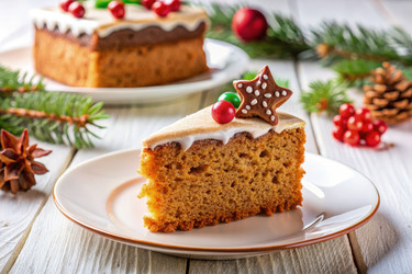 Вкусный кусочек рождественского имбирного пирога на праздничной тарелке. Генеративный искусственный интеллект - RomanZ