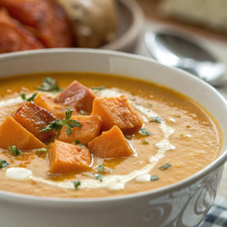 Вкусный суп из сладкого картофеля крупным планом с добавками. Генеративный ИИ - RomanZ