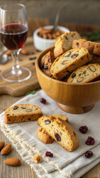 Крупный план вкуснейшего печенья Кантуччи в деревянной миске. Генеративный искусственный интеллект - RomanZ