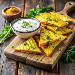 Лепешка с золотистой куркумой, подается с йогуртовым соусом. Генеративный искусственный интеллект - RomanZ