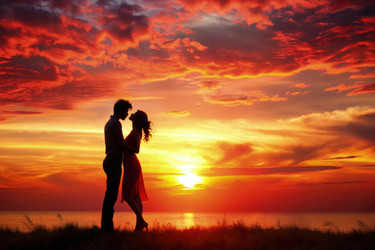 Целующиеся влюбленные на закате среди ярких красок и силуэтов. Генеративный ИИ - RomanZ