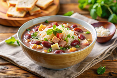 Вкусный суп с ветчиной, красной фасолью и пармезаном в деревенской тарелке. Генеративный ИИ - RomanZ