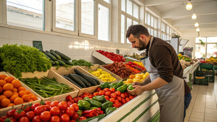 Продавец овощей расставляет продукцию на прилавке местного рынка. Генеративный искусственный интеллект - RomanZ