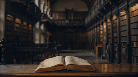 Величественная библиотека с высокими стеллажами и открытыми книгами. Генеративный искусственный интеллект - RomanZ