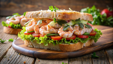 Вкусный сэндвич с креветками, украшенный свежими овощами. Генеративный искусственный интеллект - RomanZ