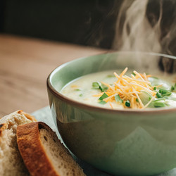 Сливочный картофельный суп, подается с тертым сыром и хлебом. Генеративный искусственный интеллект - RomanZ