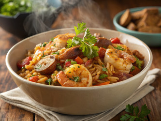 Вкуснейшая джамбалайя с креветками и колбасками на деревенском столе. Генеративный искусственный интеллект - RomanZ
