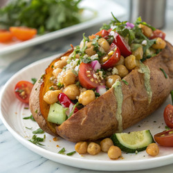 Вкусный запеченный сладкий картофель с салатом из нута. Генеративный ИИ - RomanZ