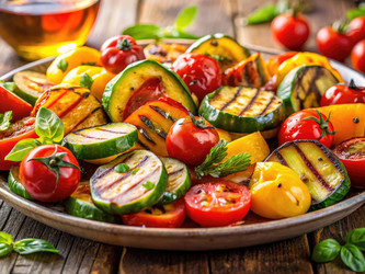Овощное ассорти на гриле, демонстрирующее яркие цвета и насыщенные вкусы. Генеративный искусственный интеллект - RomanZ