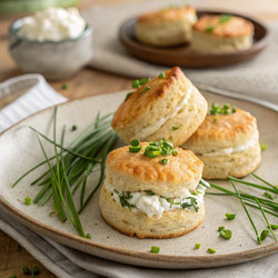 Ароматные булочки с козьим сыром и зеленым луком на тарелке. Генеративный искусственный интеллект - RomanZ