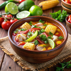Говяжий бульон (Caldo De Res) подается из свежих ингредиентов на деревянном столе. Генеративный искусственный интеллект - RomanZ