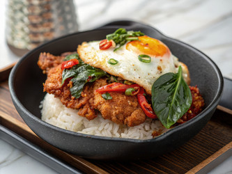 Вкуснейшее блюдо из курицы с рисом и жареным яйцом сверху. Генеративный искусственный интеллект - RomanZ