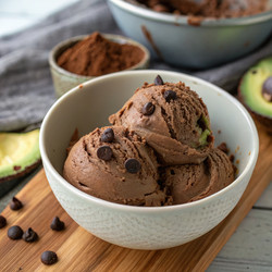 Вкусное веганское мороженое из темного шоколада и авокадо, подаваемое в миске. Генеративный искусственный интеллект - RomanZ