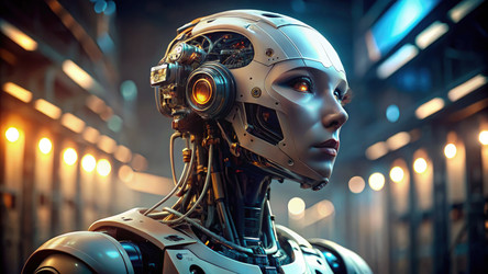 Портрет робота, смотрящего в сторону, в футуристической обстановке. Генеративный ИИ - RomanZ