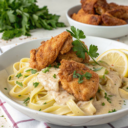 Хрустящая курица, подается с нежной пастой и свежими травами. Генеративный искусственный интеллект - RomanZ