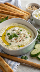 Сливочный соус из феты, подается с хлебными палочками и овощами. Генеративный искусственный интеллект - RomanZ