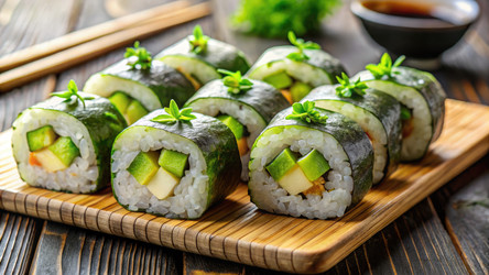 Вкусные роллы маки с огурцом и авокадо на витрине. Генеративный искусственный интеллект - RomanZ