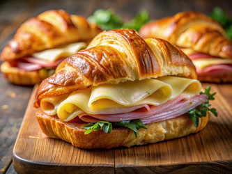 Вкусный круассан с ветчиной и швейцарским сыром готов к употреблению. Генеративный искусственный интеллект - RomanZ