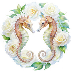 Морские коньки соприкасаются носами в цветочном объятии, образуя круг любви. Генеративный ИИ - RomanZ