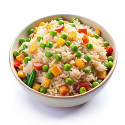Вкусный жареный рис с овощами в миске на белом фоне. Генеративный ИИ - RomanZ
