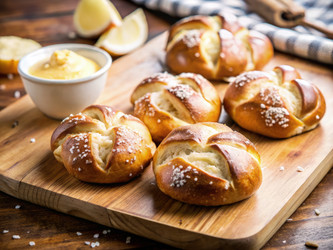 Вкусные баварские крендели, выложенные на деревянную разделочную доску. Генеративный искусственный интеллект - RomanZ