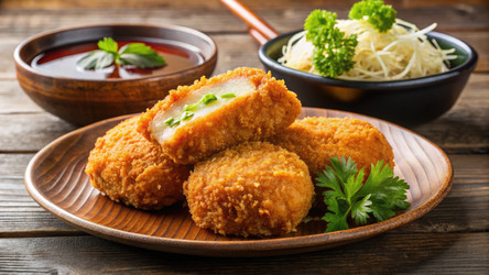 Вкусные крокеты из крокет, подаваемые с соусом тонкацу. Генеративный искусственный интеллект - RomanZ