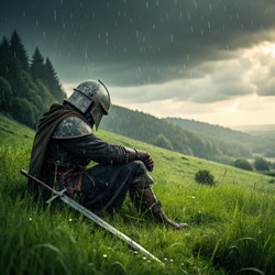 Одинокий воин размышляет под дождем на пышном поле боя. Генеративный ИИ - RomanZ
