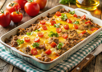Вкусная низкоуглеводная запеканка с чизбургером и свежими ингредиентами. Генеративный искусственный интеллект - RomanZ