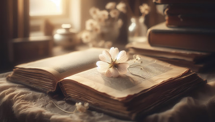 Крупный план открытой, старой книги с пожелтевшими страницами, между которыми лежит нежный засушенный кленовый лист или цветок, отбрасывающий мягкую тень на страницу, — все это освещено мягким изображением, созданным с помощью искусственного интеллекта - yuyu