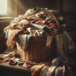 Вертикальная композиция, изображающая уютный уголок для шитья, плетеную корзину, переполненную разноцветными обрезками льна, хлопка и шерсти, старинную швейную машинку рядом, катушки ниток и игольницу, мягкий дневной свет, изображение, созданное с помощью - yuyu