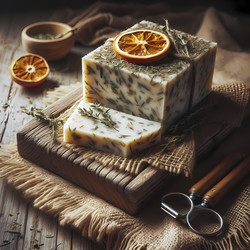 Вертикальная композиция: деревянная доска со свежевырезанным куском натурального мыла, демонстрирующая свою текстурированную внутреннюю поверхность с вкраплениями сушеных трав и цедры цитрусовых, рядом кусачки для проволоки, мыло лежит на куске мешковины. - yuyu