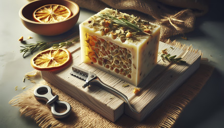 Вертикальная композиция: деревянная доска со свежевырезанным куском натурального мыла, демонстрирующая свою текстурированную внутреннюю поверхность с вкраплениями сушеных трав и цедры цитрусовых, рядом кусачки для проволоки, мыло лежит на куске мешковины. - yuyu