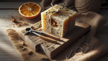 Вертикальная композиция: деревянная доска со свежевырезанным куском натурального мыла, демонстрирующая свою текстурированную внутреннюю поверхность с вкраплениями сушеных трав и цедры цитрусовых, рядом кусачки для проволоки, мыло лежит на куске мешковины. - yuyu